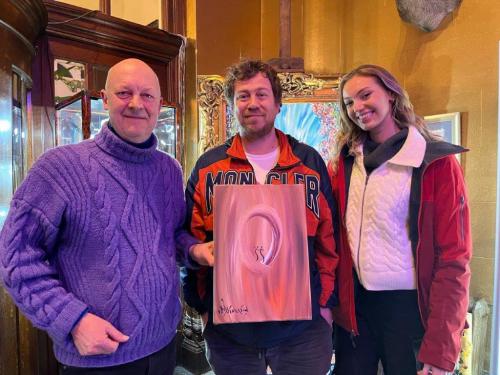 James Bourne from the band Busted with his friend. Artist Ted Stourton